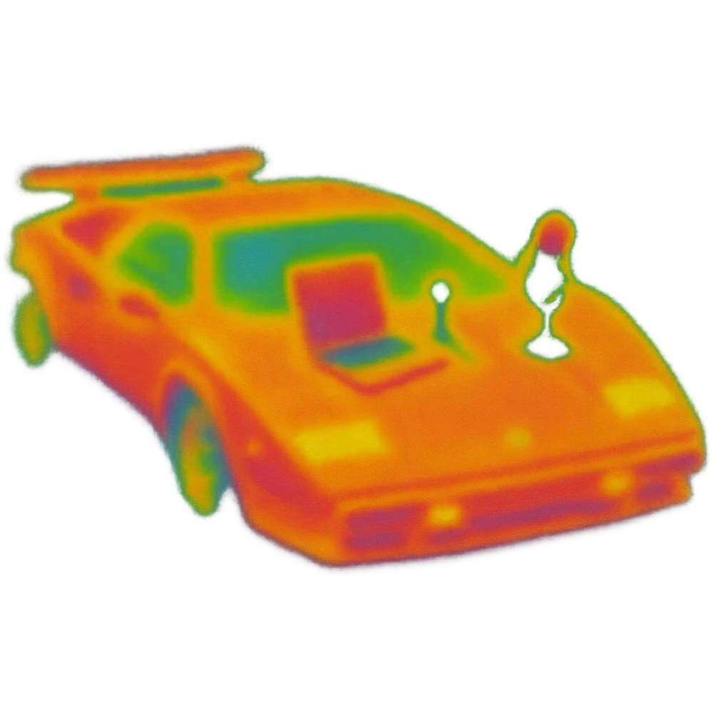Lamborghini Countach with a laptop and recording microphone on the hood emoji