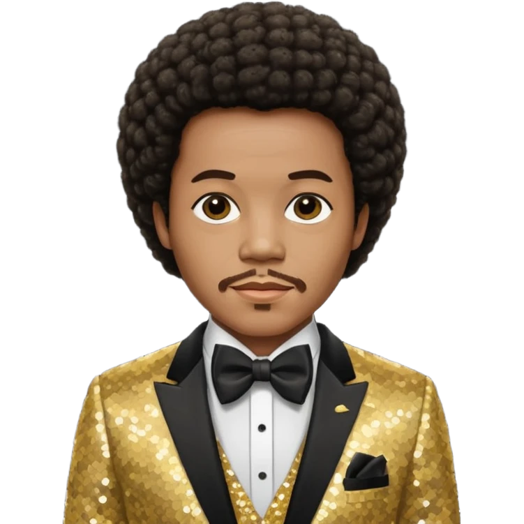 Quincy Jones with dark brown short afro hair, gold sequin suit with bow tie  emoji