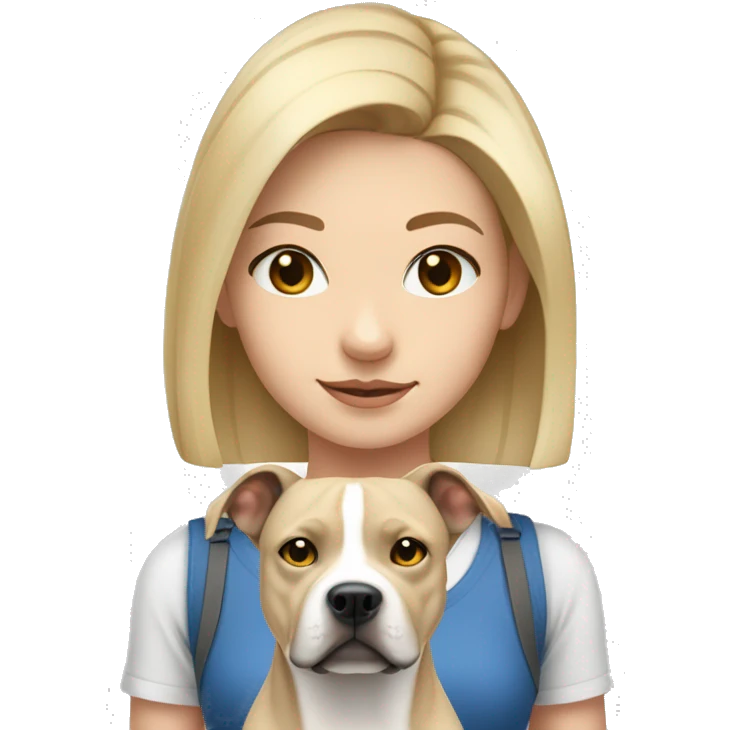 Blonde girl with a gray Staffordshire terrier that has a thin white line between its eyes; she has blue eyes and shoulder-length hair  emoji