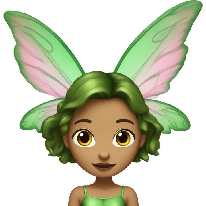 A full body of a fairy with green top and mini skirt she have a good shape of body and a long brown hair with pink flower stuck in her earring, she have the most beautiful face, and she is flying, she have green high boots heels  emoji