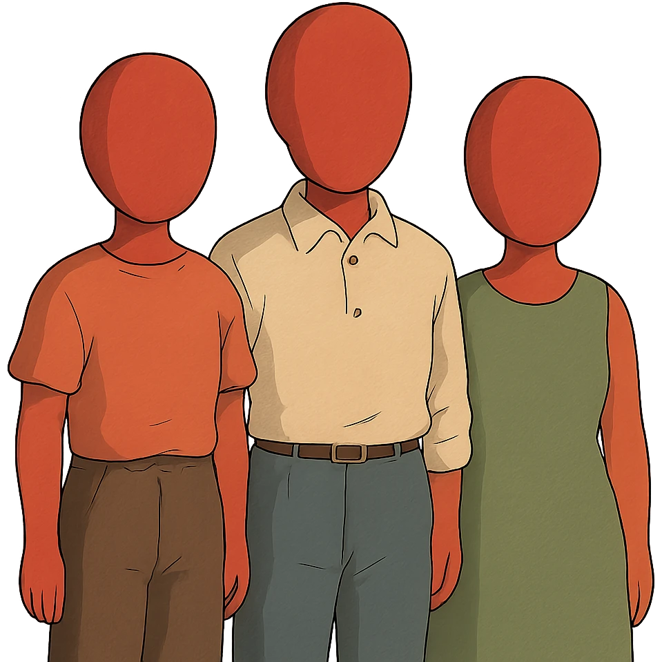 3 red faceless people standing next to each other emoji
