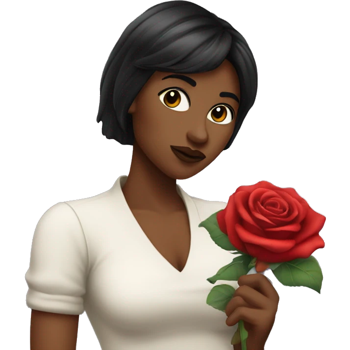 A white women named rose, with dark hair bangs and making a kissy face, while holding a rose in her hand emoji