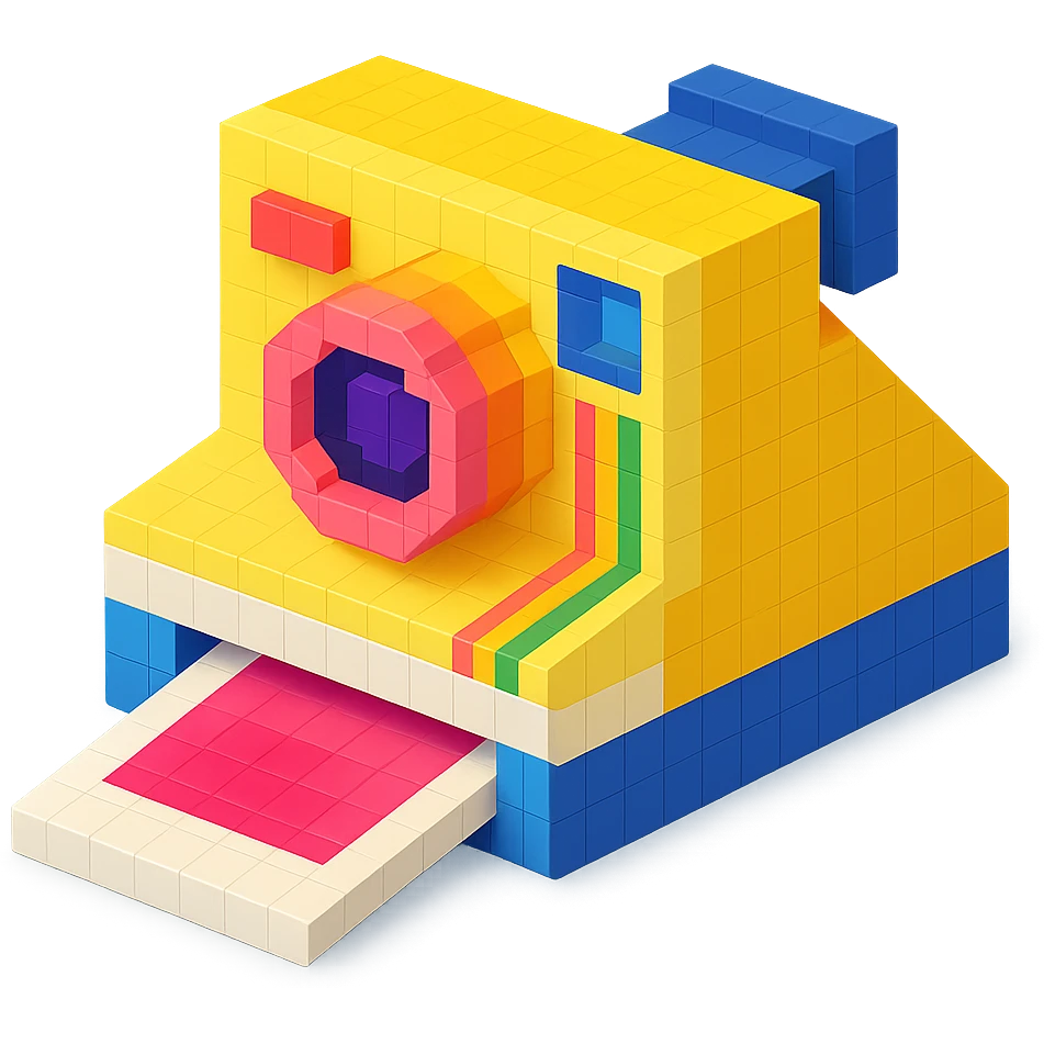 instant Polaroid type camera, isometric view, voxel style emoji
