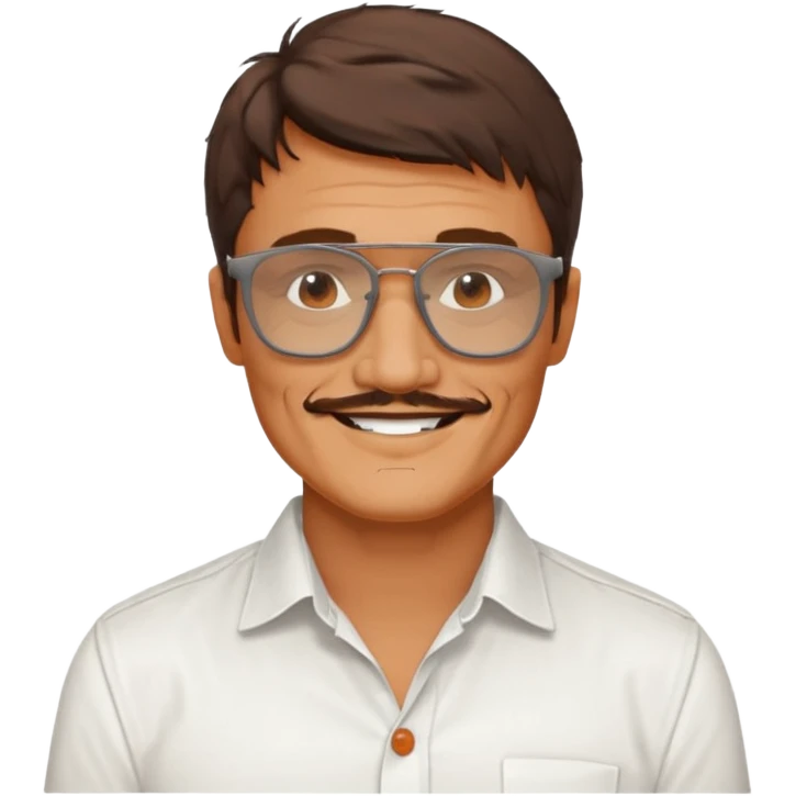 Pedro pascal looking really steamy and sexy smiling in an opened white button down shirt with shady orange glasses emoji