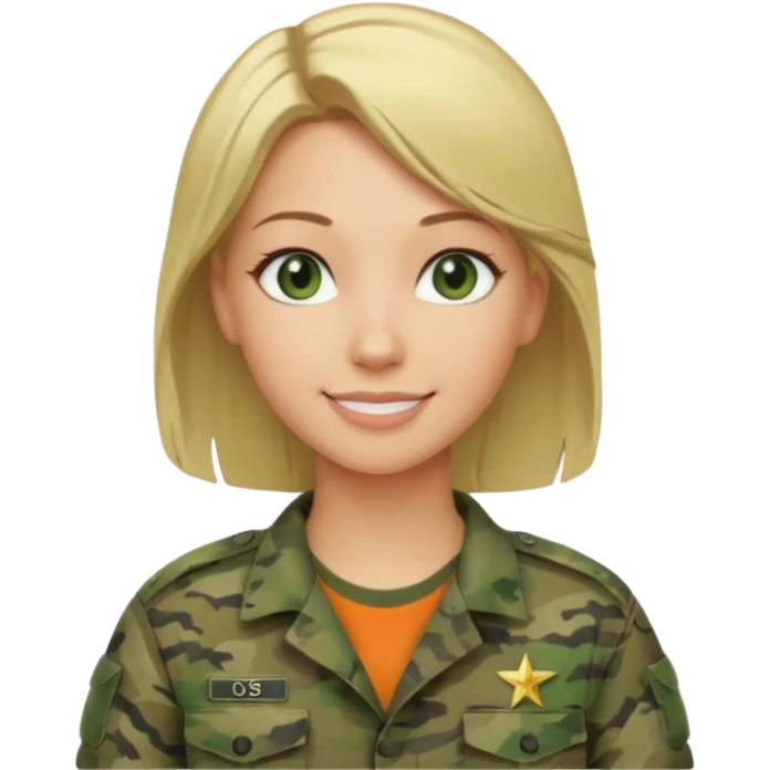 Apple-style emoji: female soldier, bust, no cap/helmet, friendly smile, generic camo top, blonde hair emoji