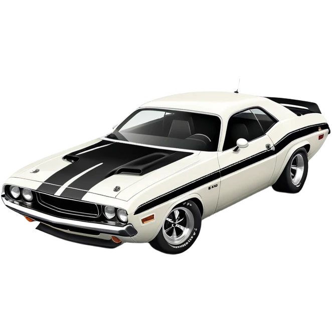 White 1971 Dodge Challenger muscle car with black racing stripes, minimalist style, vintage American muscle car, similar to the one from Death Proof movie emoji