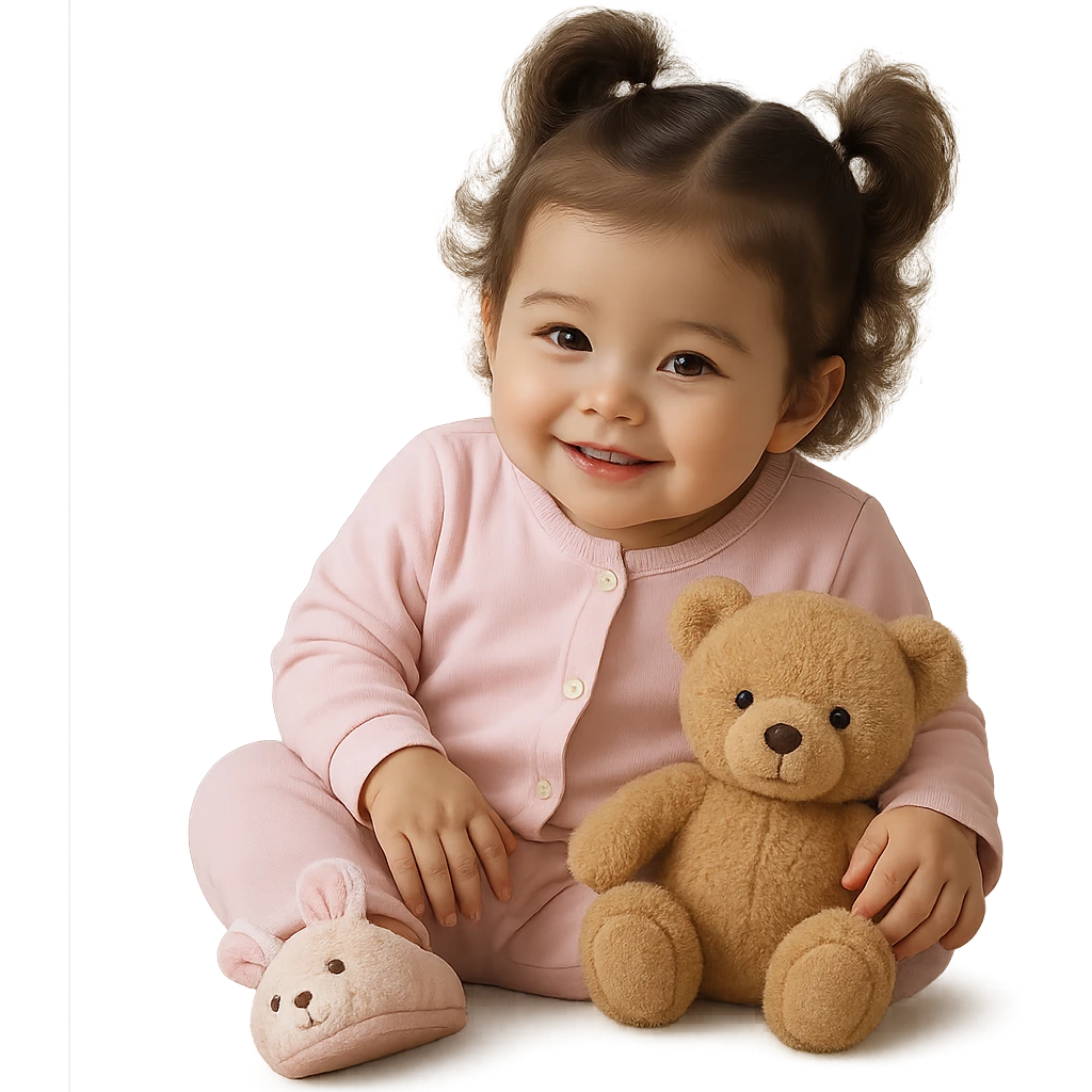 Add a teddy bear and slippers in a realistic style. Keep the background transparent. emoji