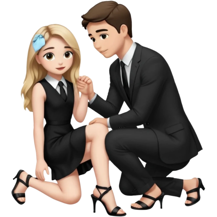  Sabrina carpenter kneeling down wearing a black dress with a tie with black heel sandals, putting her hand on man’s leg  emoji