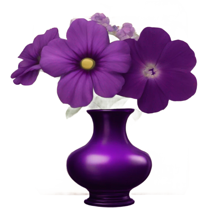 An aesthetic arrangement of a violet vintage book and dark magenta flowers in a light violet glass vase, surrounded by antique letters emoji