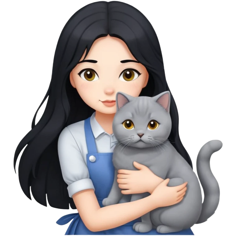 A beautiful girl with long black hair wearing an apron dress hugs a British Shorthair emoji
