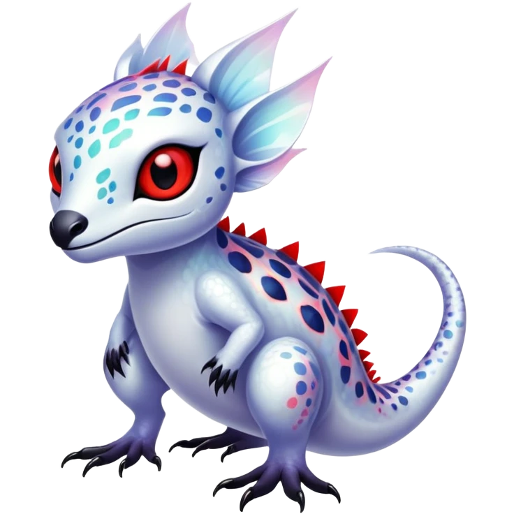 a translucent white with black belly and red eyes exotic edgy vernid-fionbri-creature with splash patterns full body emoji