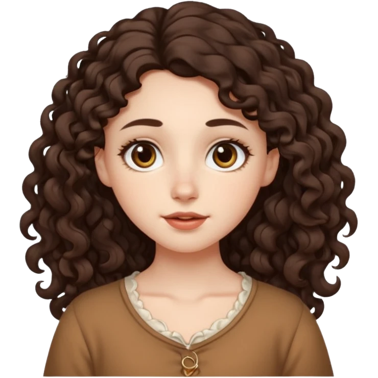 Aesthetic white girl with long curl hair color dark brown (almost black, but more brownish), big almond shape eyes color brown, small wide nose, natural lips, sweet expression. Dressed with a  cute top emoji