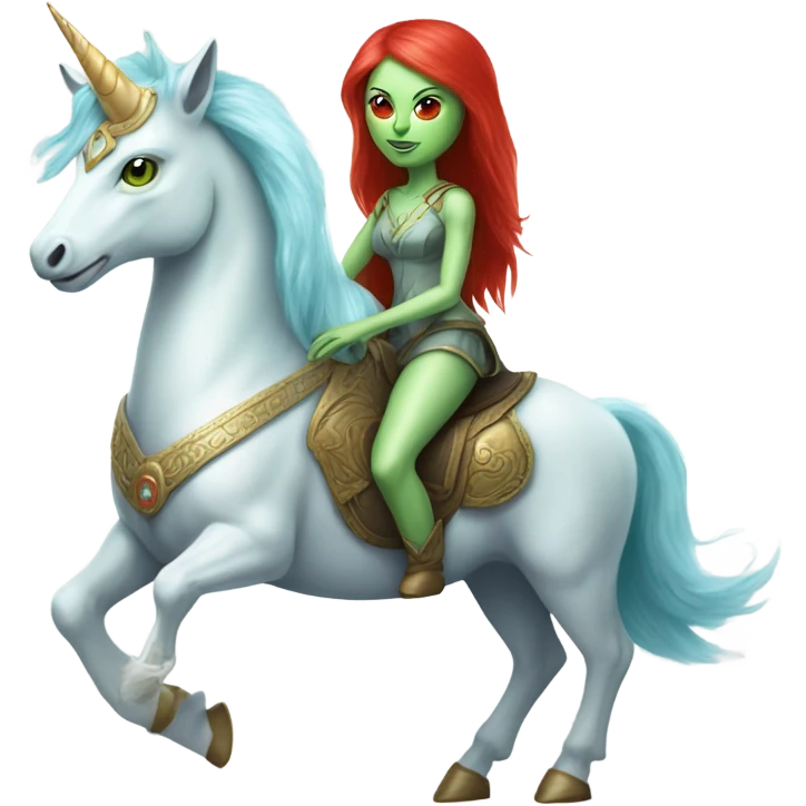 [politically incorrect
	{ woman: alien, color: light green, hair:red, eyes:cat} ]
	on a 
	[{ unicorn: white, legged:four, mane: light blue }] emoji