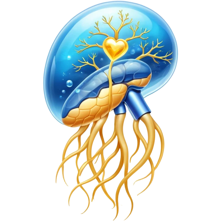 Ethereal omega-3 capsule with flowing golden energy connecting to a shimmering brain (cognition), heart (cardiovascular health), joint (anti-inflammatory), and eye (vision). Each connection glows with healing light, all suspended in a dreamlike blue atmosphere. emoji