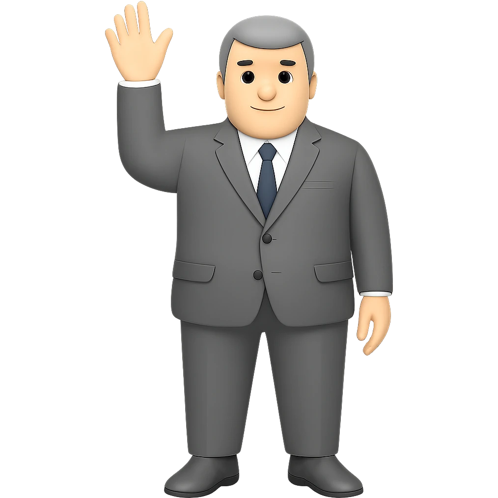 Make the white man in a gray suit and shoes with one hand raised bigger framed with broader shoulders and a more robust build, keep no background. emoji