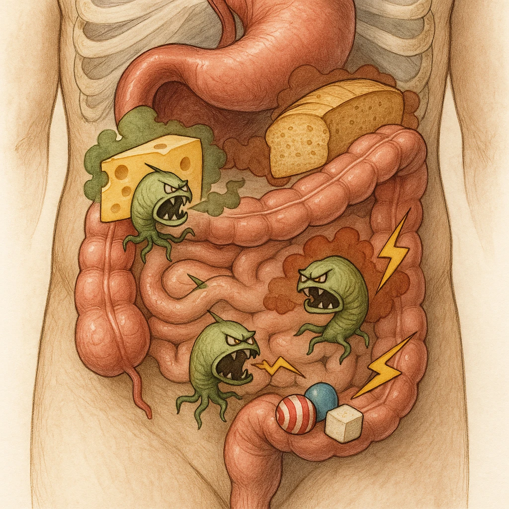 Realistic anatomical illustration: section of the human torso focusing on stomach and intestines. Inside, stylized parasites react aggressively to dairy, gluten, and sugars (foods highlighted). The parasites release symbolic toxins like colored gas and lightning bolts. Medical illustrative style. emoji