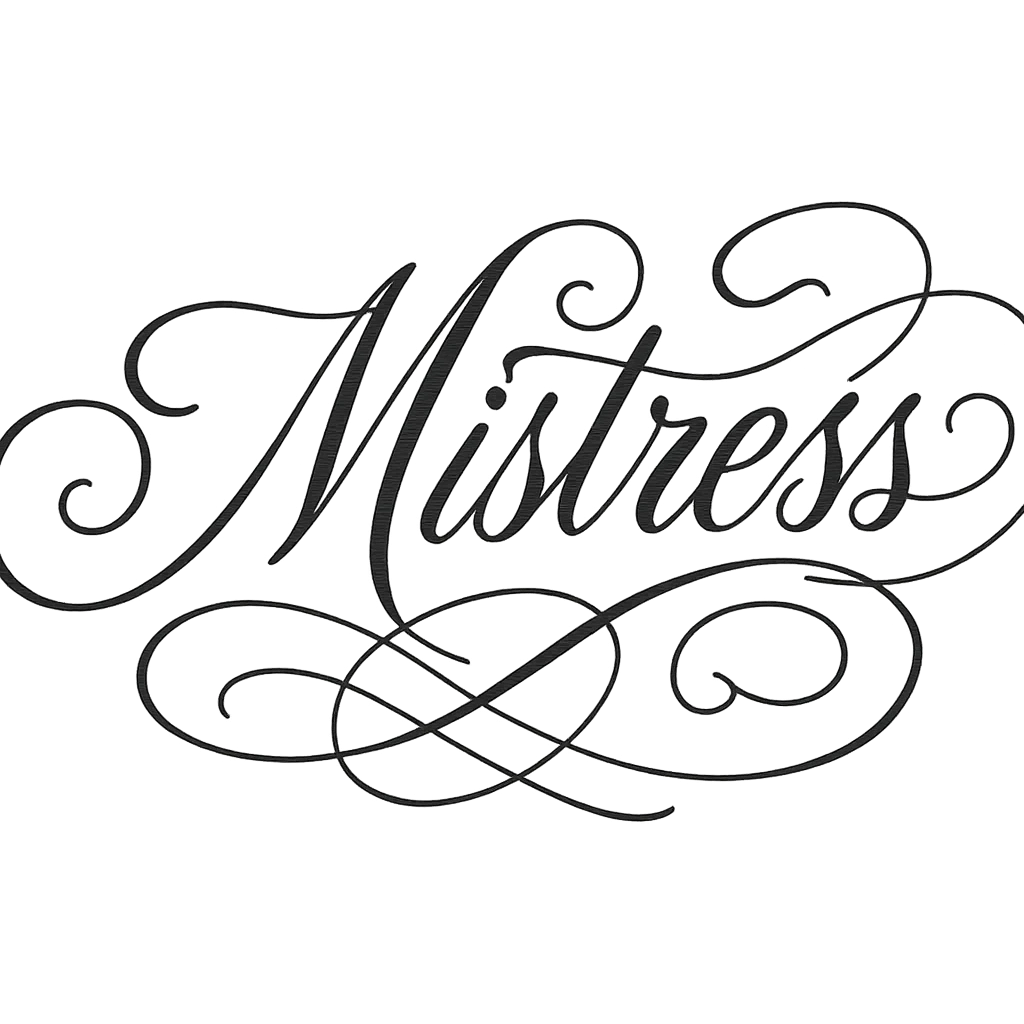 the word 'mistress' in an ornate calligraphy style, with decorative swashes and a luxurious feel, no background emoji