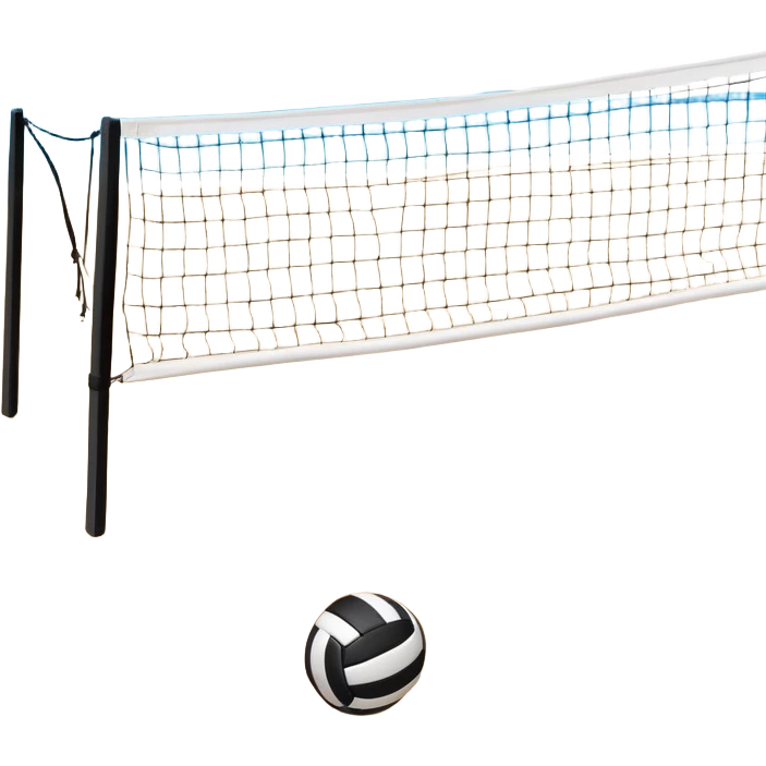 A close-up volleyball net with a ball hovering above it, set against the backdrop of a sandy volleyball court. The scene highlights the tension of an impending play, with the court lines clearly visible and a bright, sunny atmosphere surrounding the action. emoji