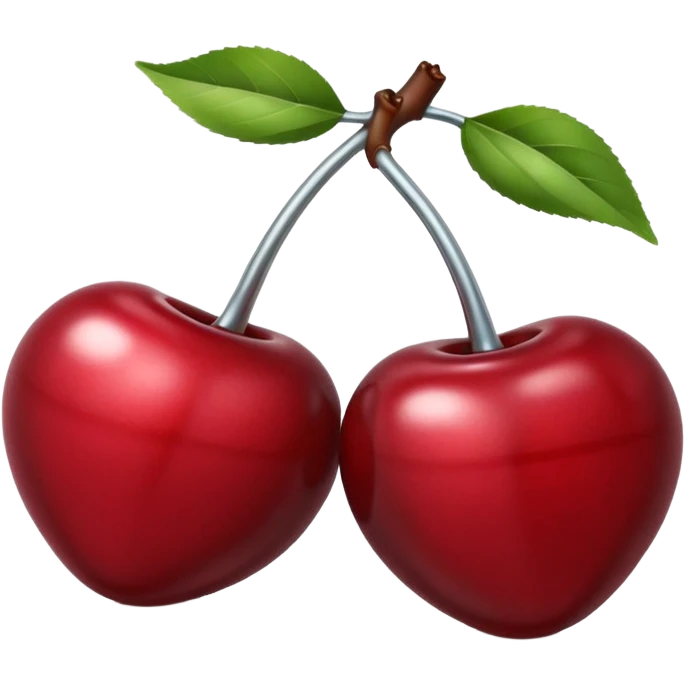 A pair of cherries emoji made of polished silver chrome, smooth rounded shapes, glossy metallic finish, soft highlights and reflections, cute proportions, iOS emoji style, centered, clean white background, no text emoji