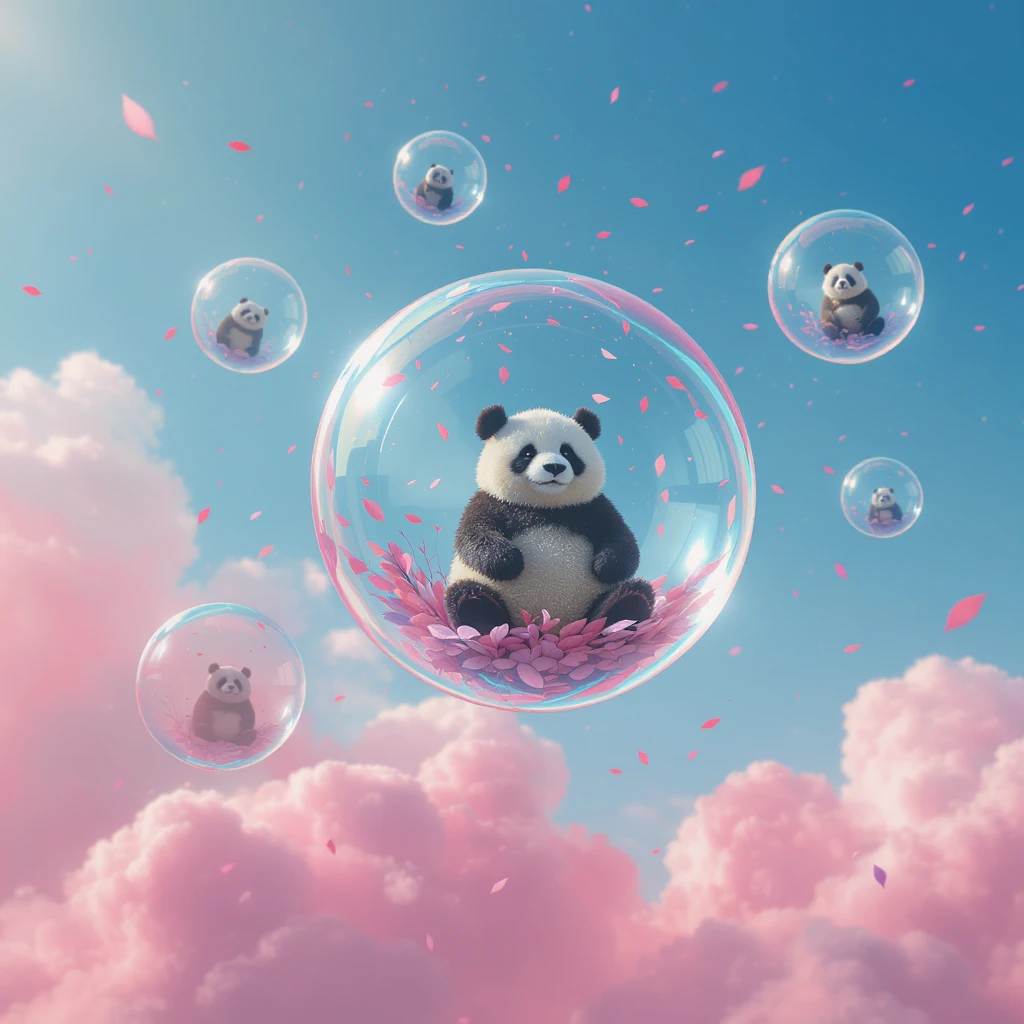 Realistic, Minimalistic Cinematic still of pandas bears sitting inside flying bubbles, blue sky filling background , pink clouds, pink leafs falling around emoji