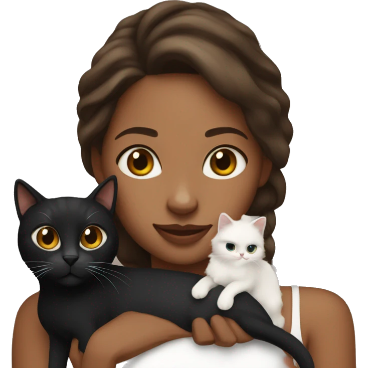 long wavy haired brown skin woman holding black and white cat emoji