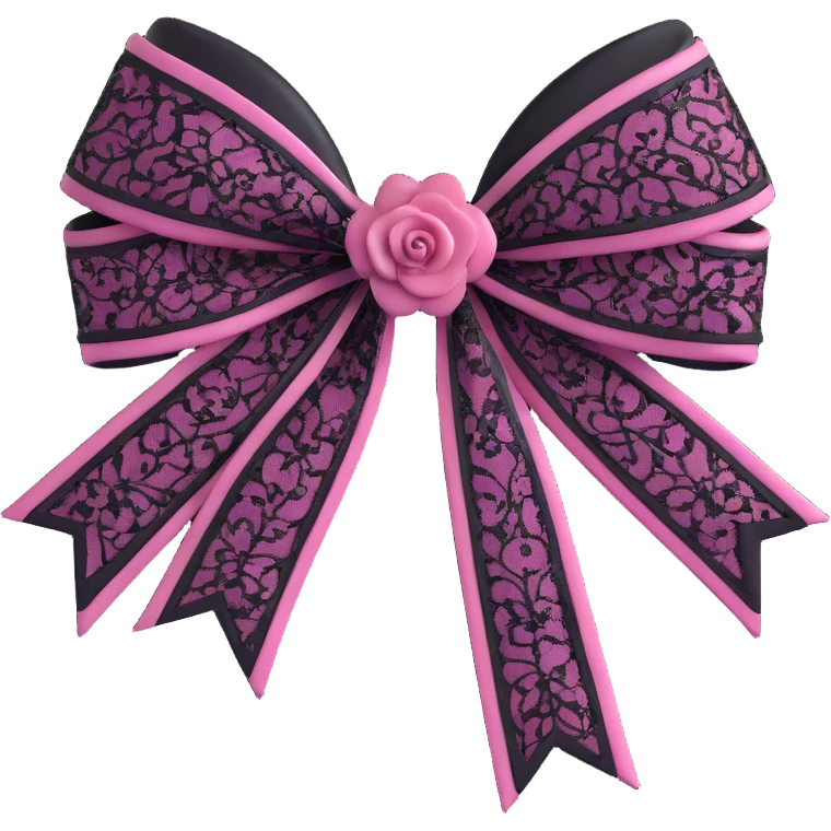 3D emoji style pink bow with gothic effect, black lace overlay, silver cross charm, and dark rose center emoji
