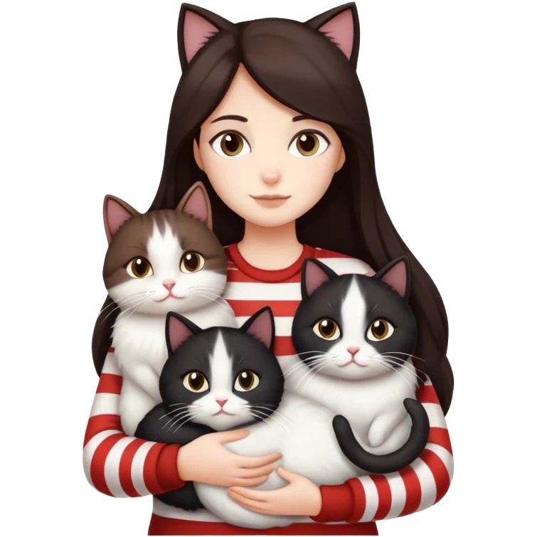A girl with long dark brown hair is holding 3 cats, 1 cat is black and white, the second cat is completely white, the third cat is brown with white stripes but predominantly brown, they are fat, soft and fluffy cats emoji