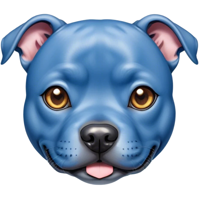 Cinematic Cute Blue Staffordshire Bull Terrier Portrait Emoji, Head tilted playfully and inquisitively, featuring a glossy blue Fur with a healthy sheen, round, sparkling dark eyes filled with curiosity, Simplified yet irresistibly adorable features, highly detailed, glowing with a warm, friendly glow, high shine, affectionate and spirited, stylized with a touch of whimsy, bright and endearing, soft glowing outline, capturing the essence of a mischievous yet loving pup, so playful it feels like it could bound out of the screen and into your arms! emoji
