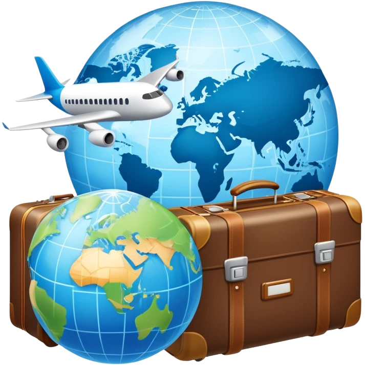 An icon featuring a suitcase, a hotel building, and one globe, symbolizing tourism and hospitality. The design includes a plane and a map, representing travel and accommodation services. Transparent background highlights the global nature of tourism and the hospitality industry. emoji