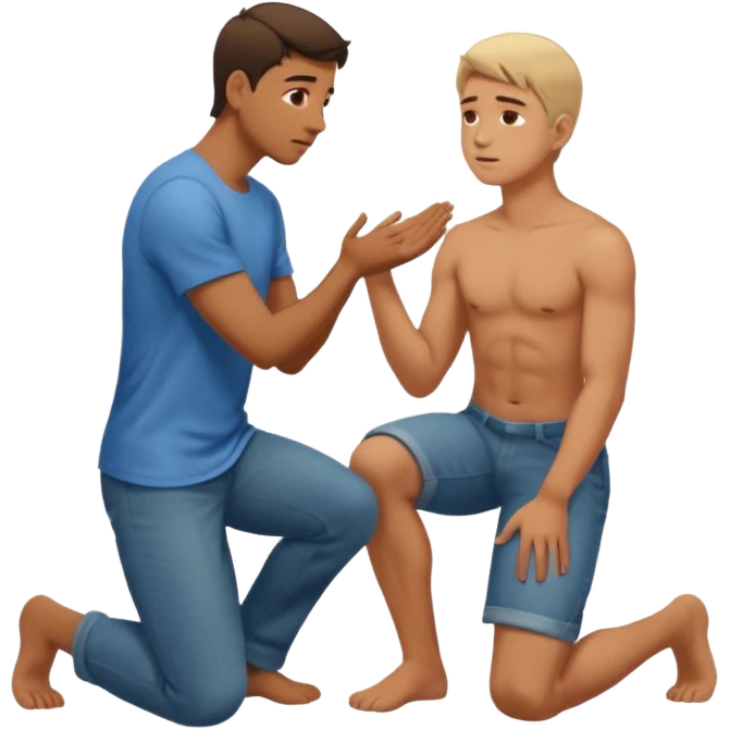 a guy standing up and another guy on his knees in front of said guy standing up but also looking up at him emoji