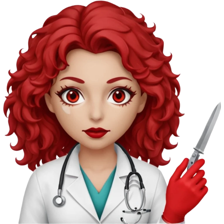 Lilith scalpel in hand, evil surgeon sexy surgeon clothes.  She has red eyes. She brown long curly hair. Wears sexy doctor outfit with red gloves. Hides mouth necknose with red bandana to hide her identity. Hair is long and brown emoji