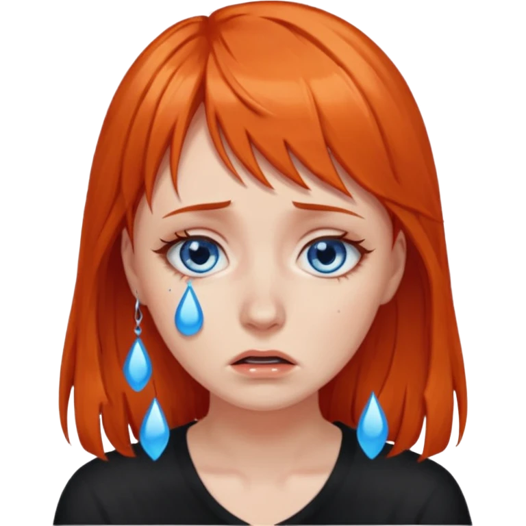 A woman with dark orange hair and bangs, blue eyes, an asmr streamer, crying, emoji