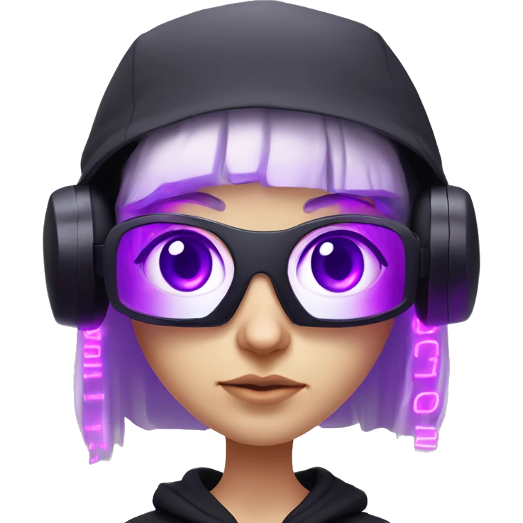 Russian cute blond student girl wearing black hoody with violet letters "OMG", in vr headset. No eyes. Cyberpunk style. Violet neon. emoji