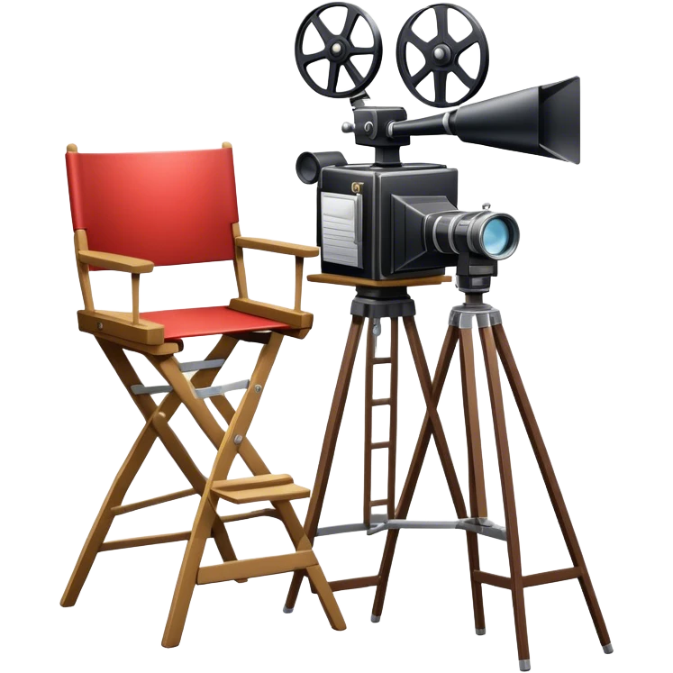 Icon for Directing: a director's chair, a film clapperboard, large movie camera and a stage with a spotlight. The icon should represent the creative and organizational aspects of directing, with focus on storytelling, staging, and performance. Transparent background. emoji