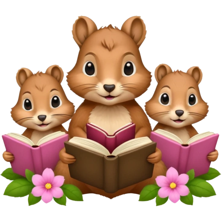 3 Squirrels reading books + flower emoji