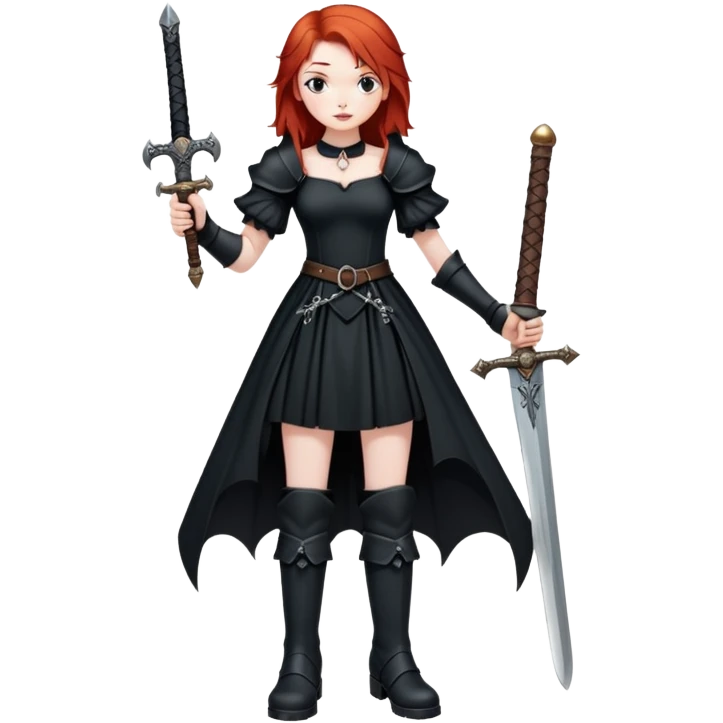 redhead goth girl in beautiful dress, large boots, holding medieval sword emoji