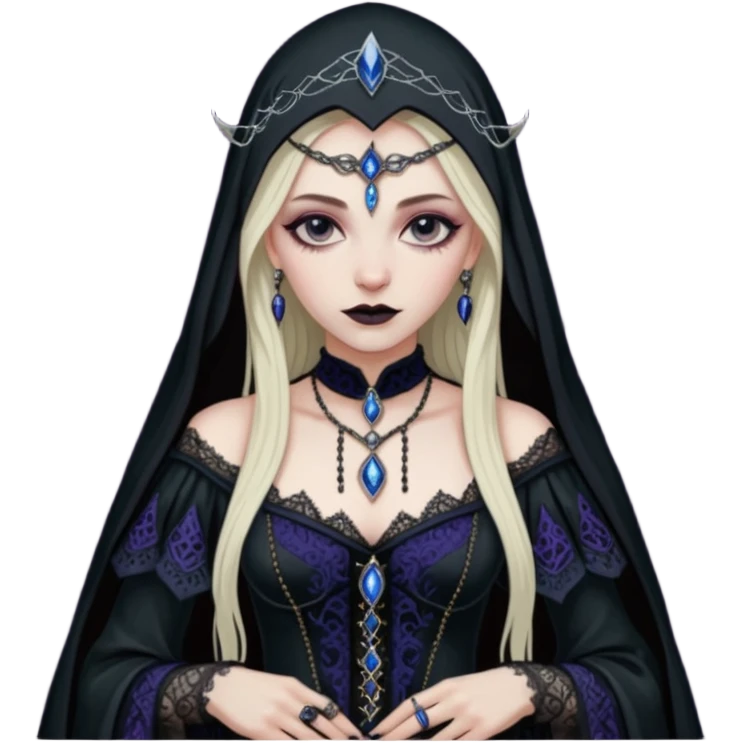 Lena Lovich as a gothic sorceress in huge dirty lace emoji