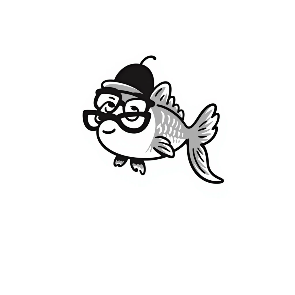 A hand-drawn goldfish with a derpy expression wearing oversized glasses emoji