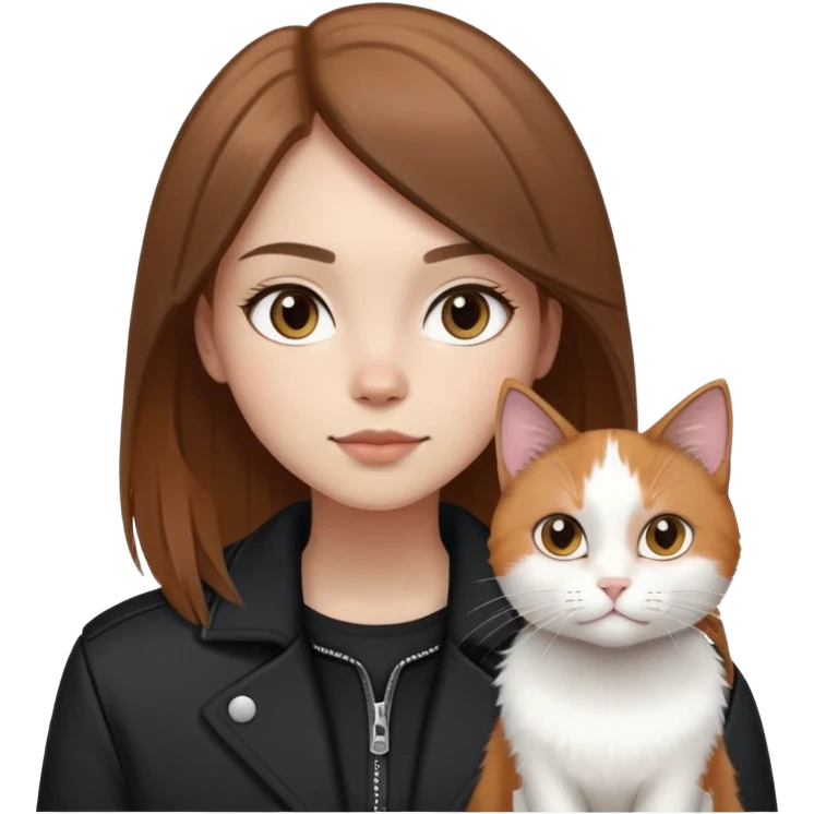 Light-skinned girl with brown straight hair wearing a black jacket, along with one pure white cat and one calico cat emoji
