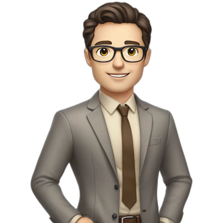 Pale skinned fit man with dark brown hair in gray jacket, beige office shirt, brown tie, brown pants and vintage glasses Writing on the flipchart emoji