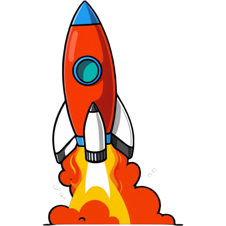 A colorful rocket blasting off with flames and clouds of smoke emoji