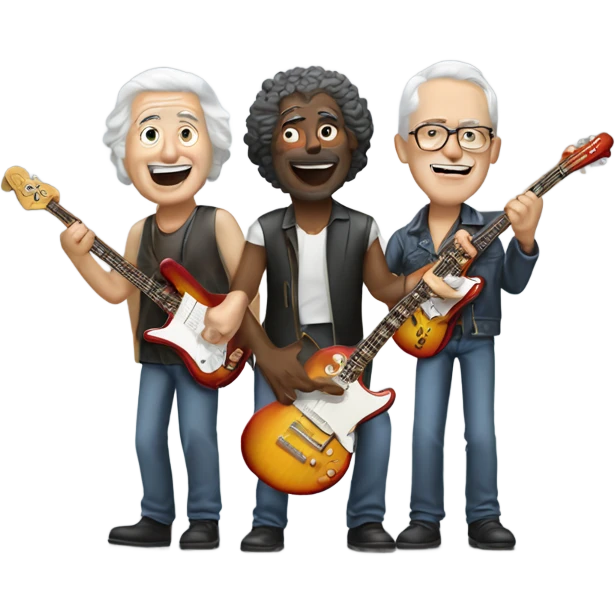 Three older white musicians jamming. one on a Gibson guitar, one on a Fender bass and one on a drum emoji