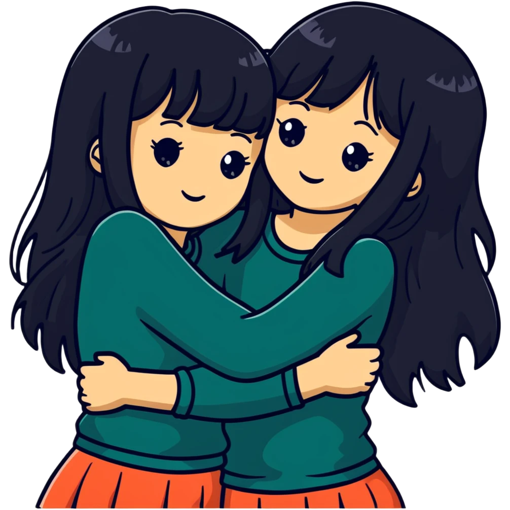 two white girls with long black hair hugging each other, one with bangs emoji