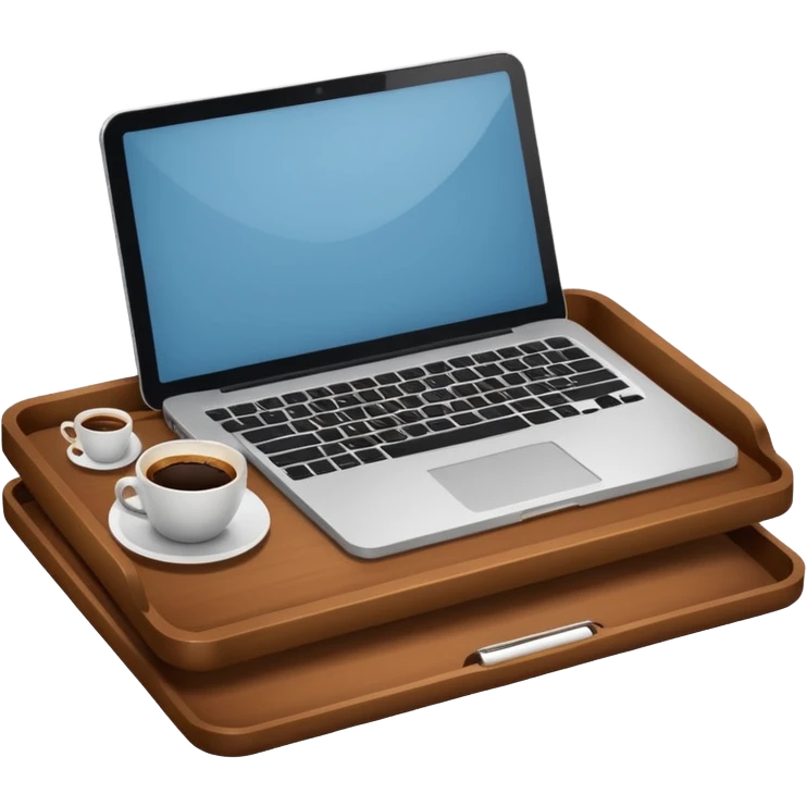 Laptop on the rectangular brown coffee tray, coffee and notebook emoji