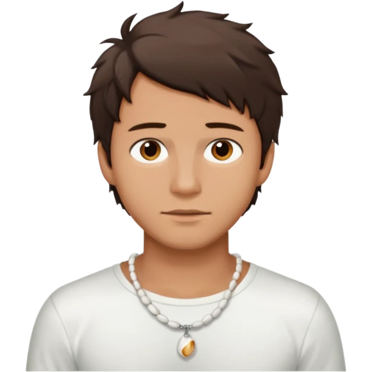 create an emoji of a young man. he has a surfer look, with short messy dark brown hair, brown eyes, tanned skin, natural lips. he wears a white tight shell necklace with a white shirt emoji