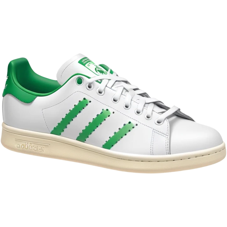 Classic white Adidas Stan Smith sneakers with green heel tab and Adidas logo, three perforated stripes on sides emoji