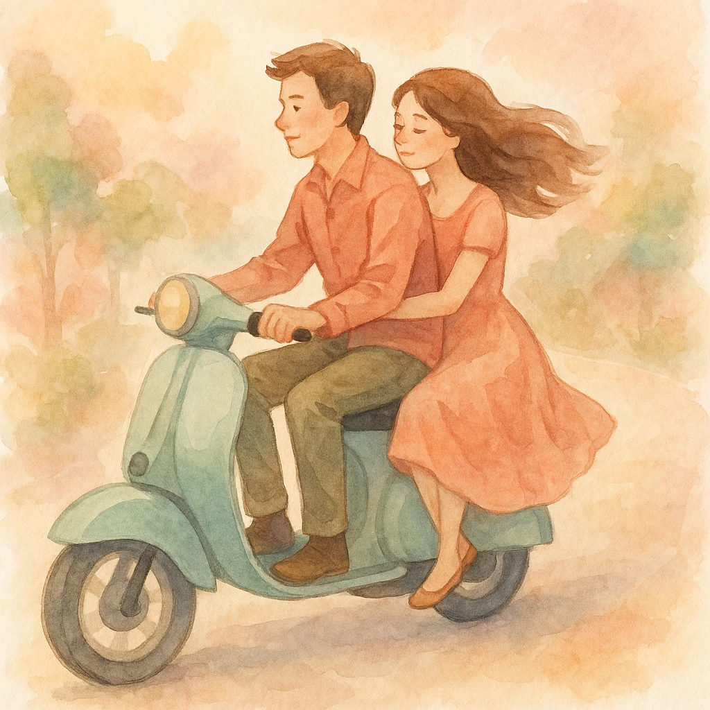 watercolour style illustration of a couple riding a scooter, soft colors, romantic atmosphere emoji