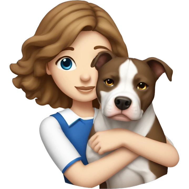 One fair brown haired girl with dark blue eyes hugging white pitbull emoji