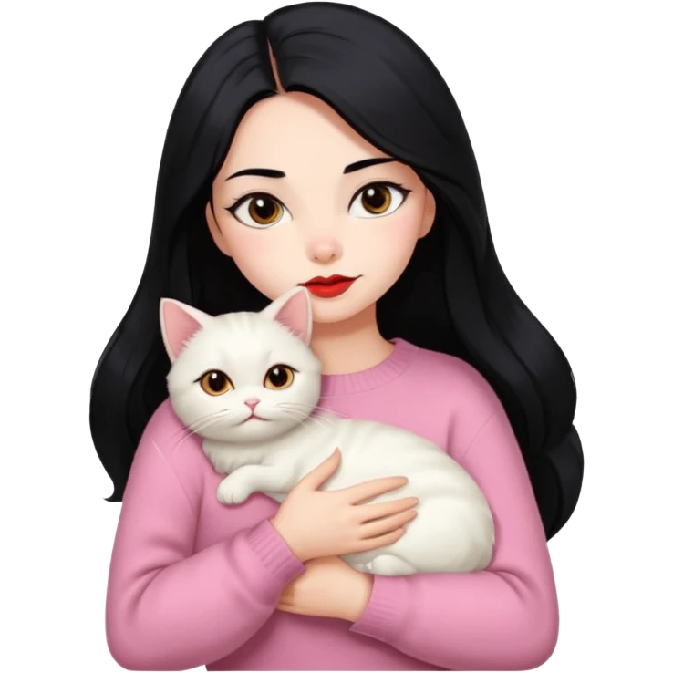 Beautiful Girl Long Hair black, Brows Big , Skin White, Sweater Pale Pink , Big Red Lips, Eyes coffe, Hug Little baby Persa Cream Cat With Cute Eyes emoji