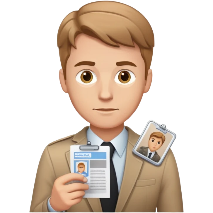 white man reporter with light brown hair, reviewing printed photos, press badge visible emoji
